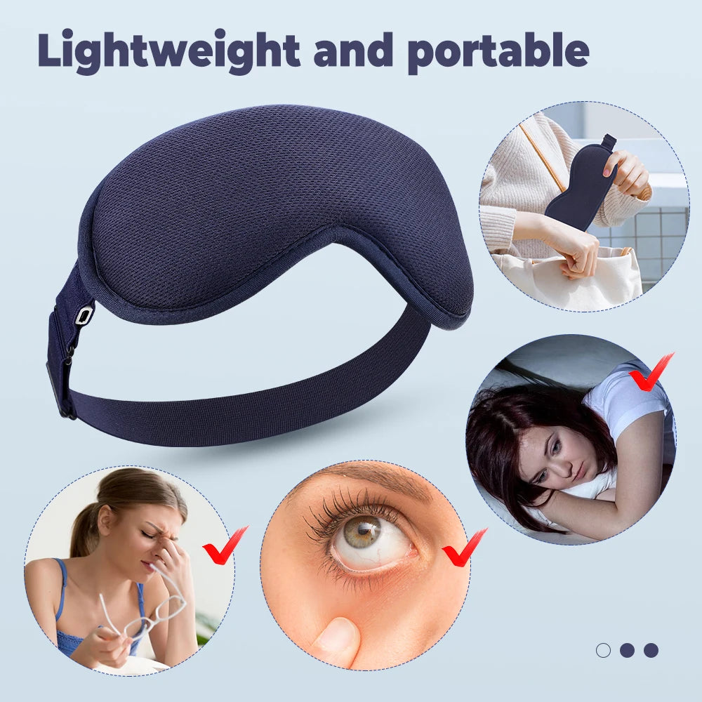 Eye mask with text 'Lightweight and portable' on a light blue background