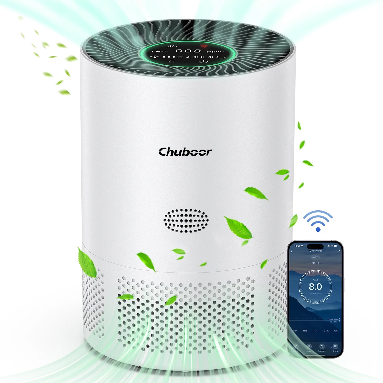 White air purifier with WiFi app control showing real-time air quality monitoring on smartphone