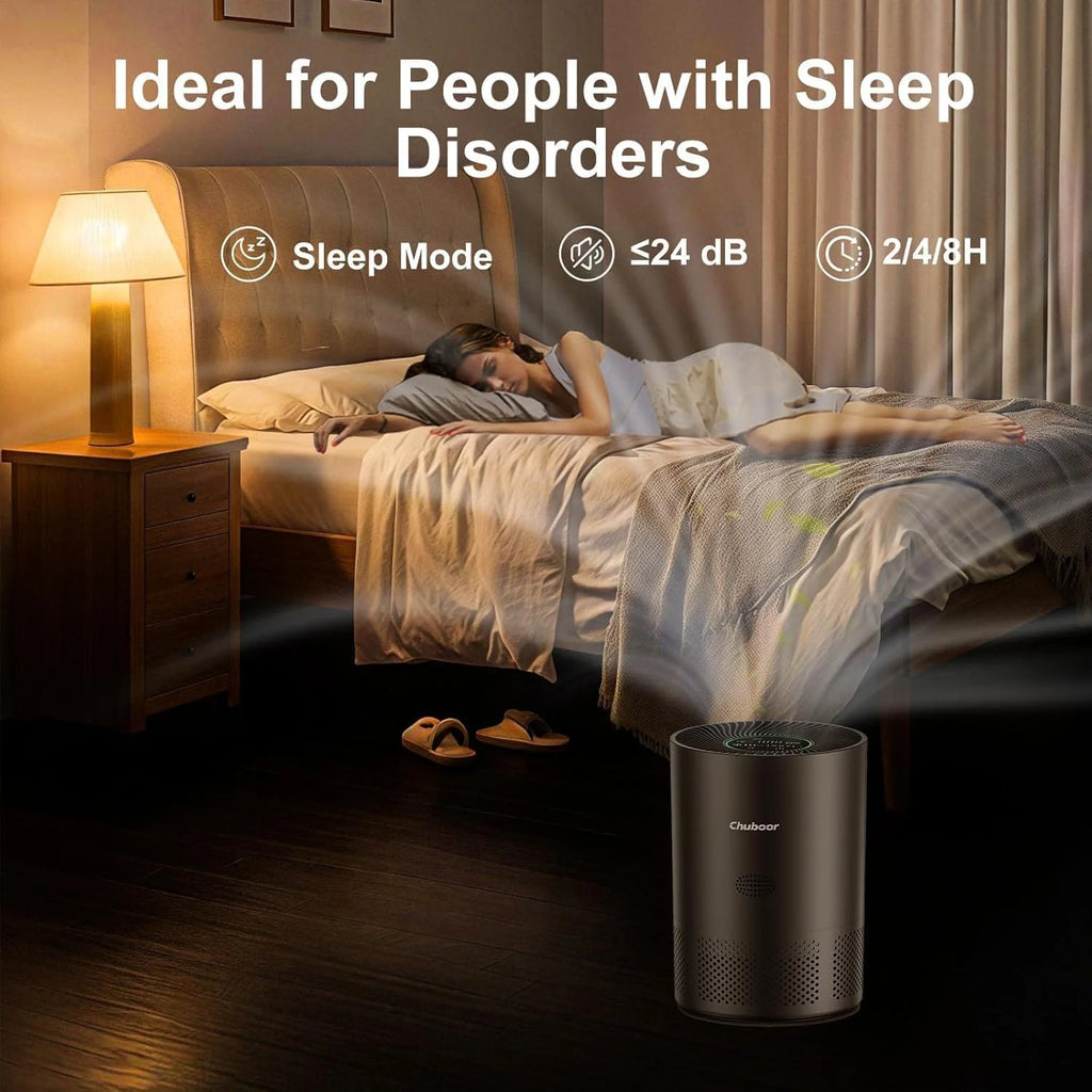 Whisper-quiet air purifier in bedroom with sleep mode under 24dB for people with sleep disorders