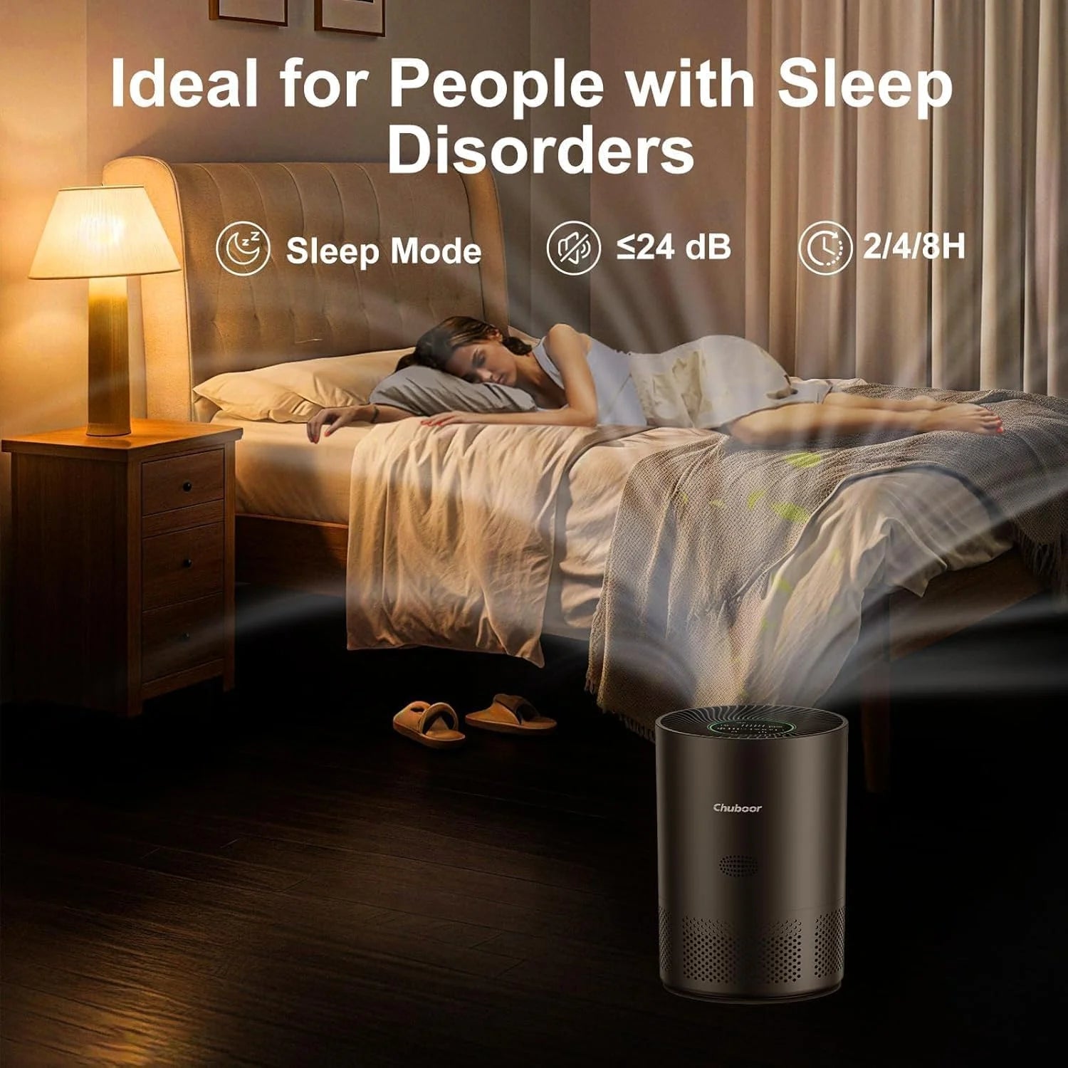 Whisper-quiet air purifier in bedroom with sleep mode under 24dB for people with sleep disorders