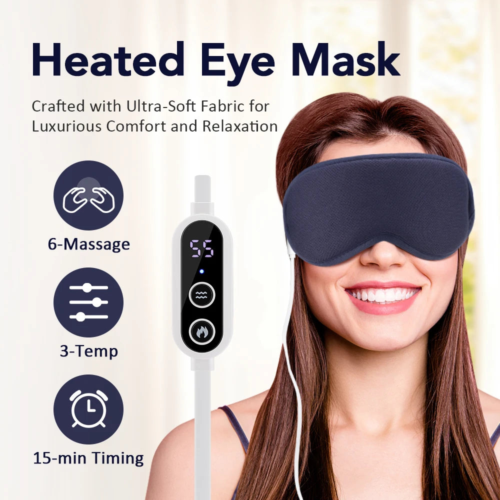 Heated eye mask with digital display and woman wearing it, against a neutral background