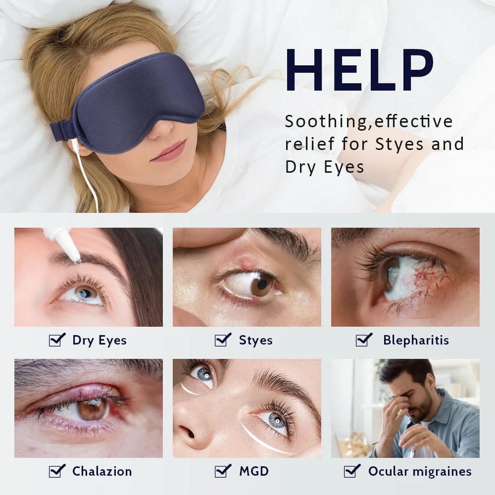Product advertisement for a sleep mask with images of eyes and text about eye conditions it helps.