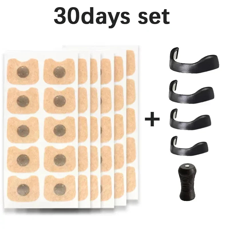 Set of adhesive patches with application tools on a white background
