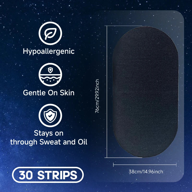 Black adhesive strip with hypoallergenic, gentle on skin, and sweat-resistant features on a blue background.