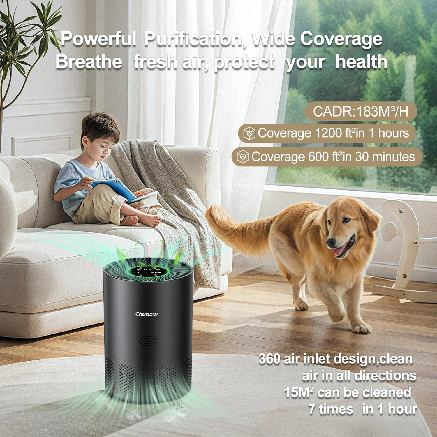 Air purifier in living room with child and dog showing 183m³/h CADR coverage for 1200 sq ft rooms