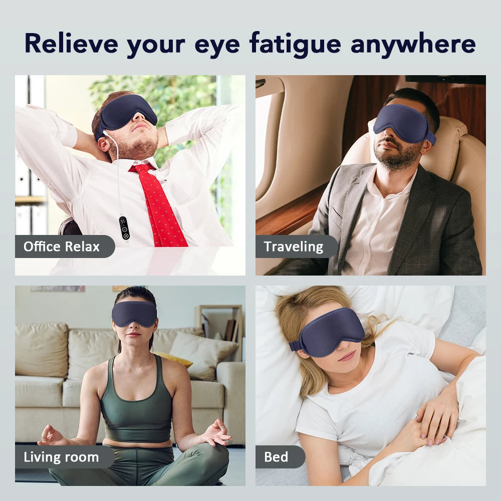 Eye mask being used in various settings with text 'Relieve your eye fatigue anywhere'.