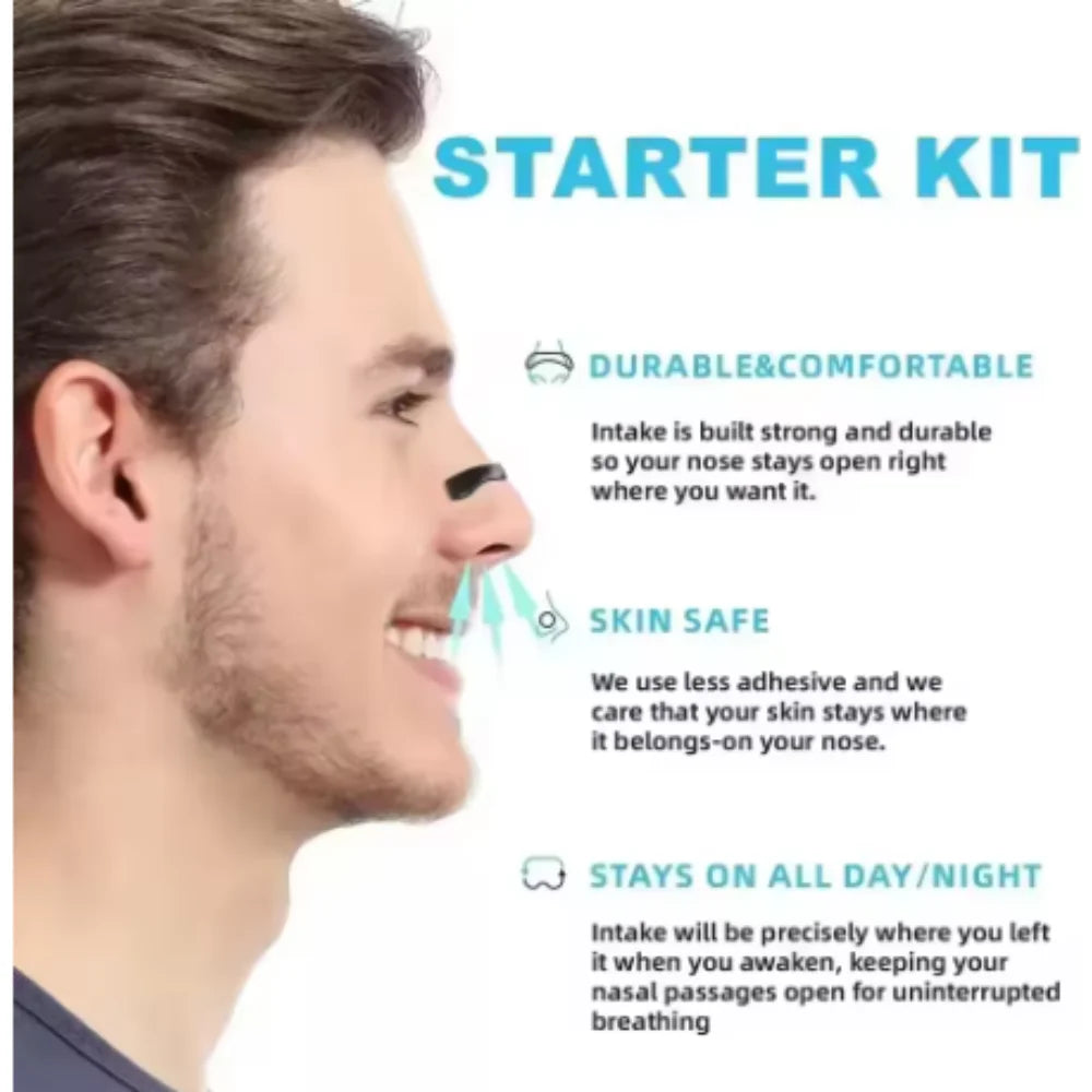 Person wearing a nose intake device with text highlighting features on a white background