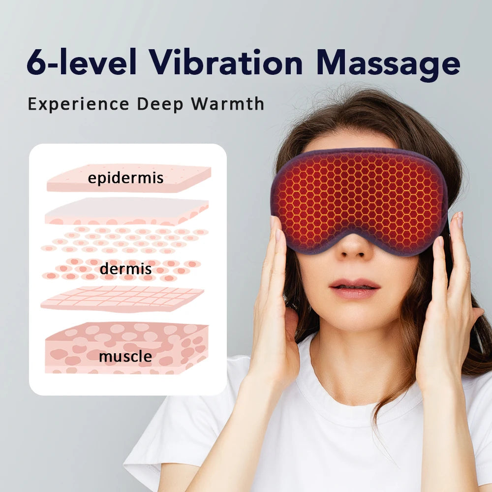 Woman wearing a red and black eye mask with text about 6-level vibration massage and deep warmth.