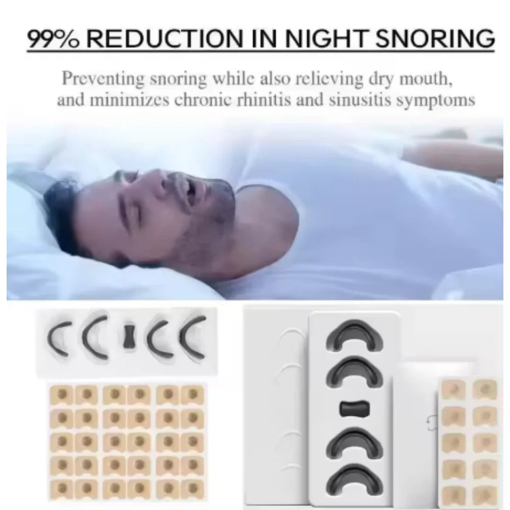 Product packaging for a snoring relief device with text on 99% reduction in night snoring.