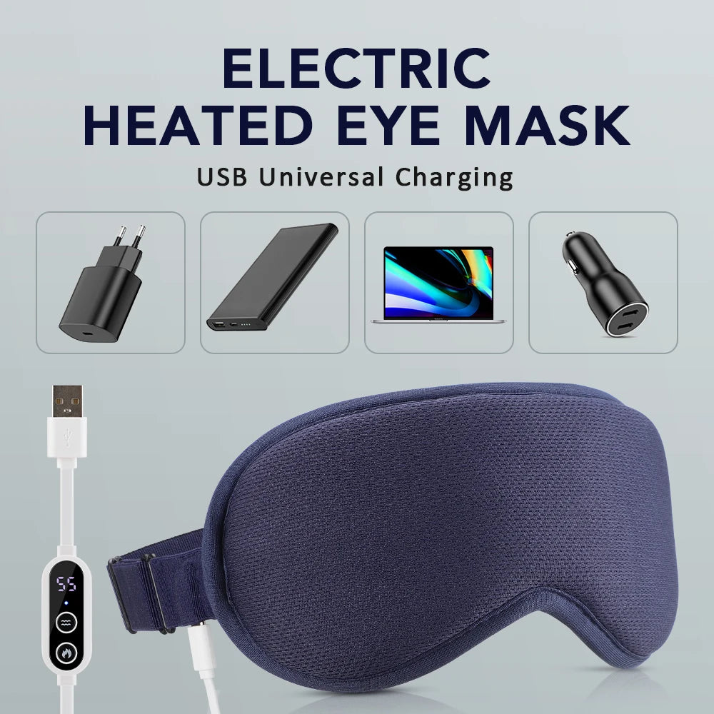 Electric heated eye mask with USB charging cable on a light gray background