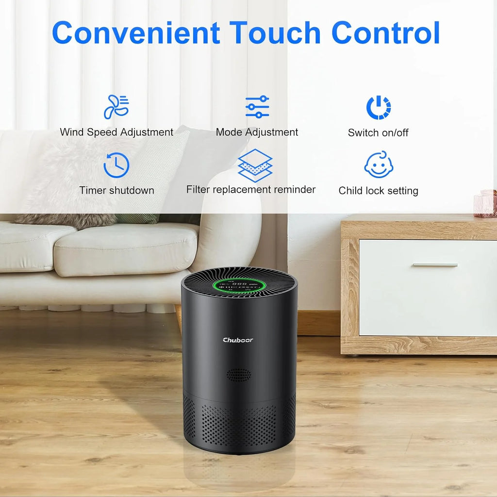 Touch control air purifier with wind speed adjustment, timer, mode settings, and child lock features