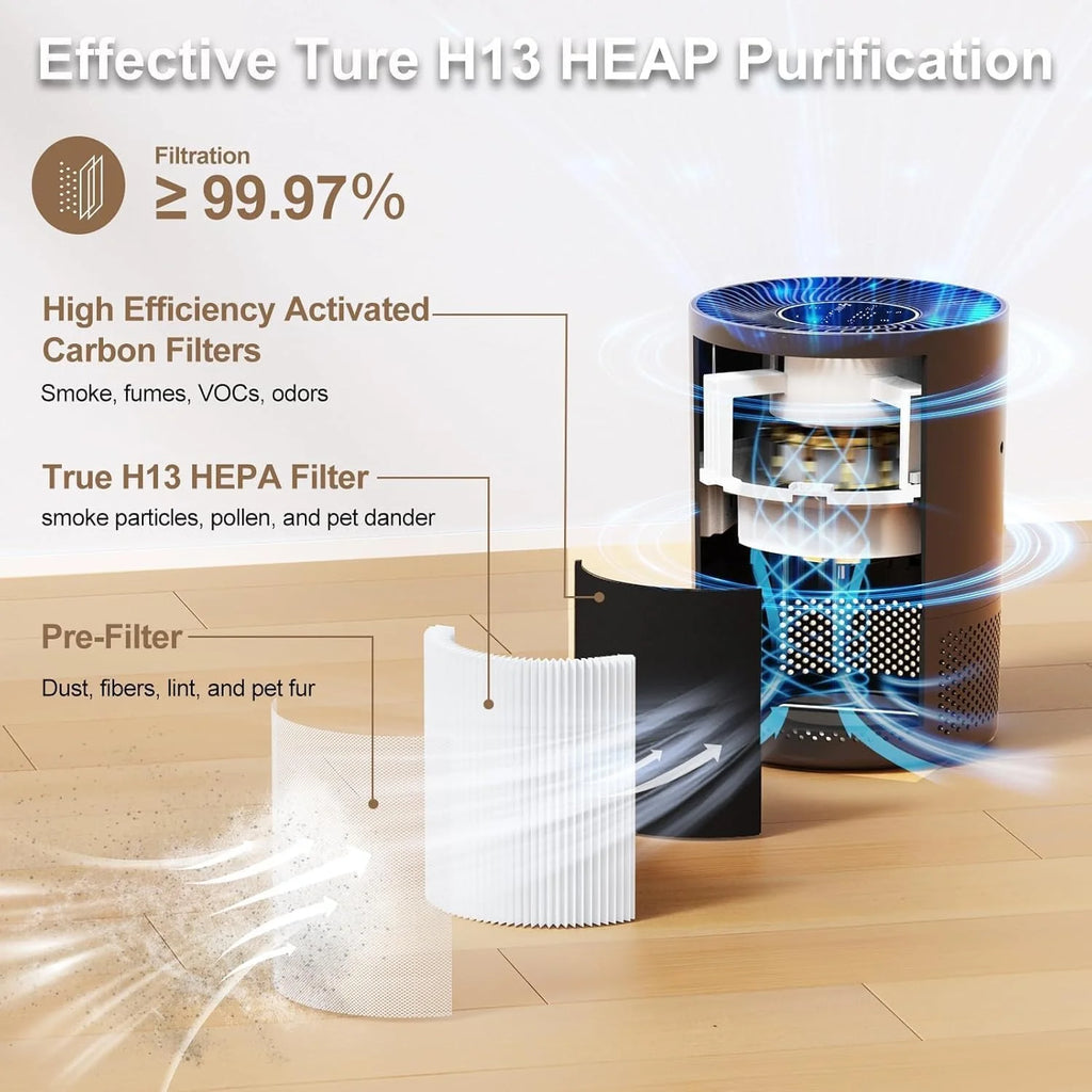 True H13 HEPA filter with 99.97% filtration efficiency and activated carbon pre-filter system