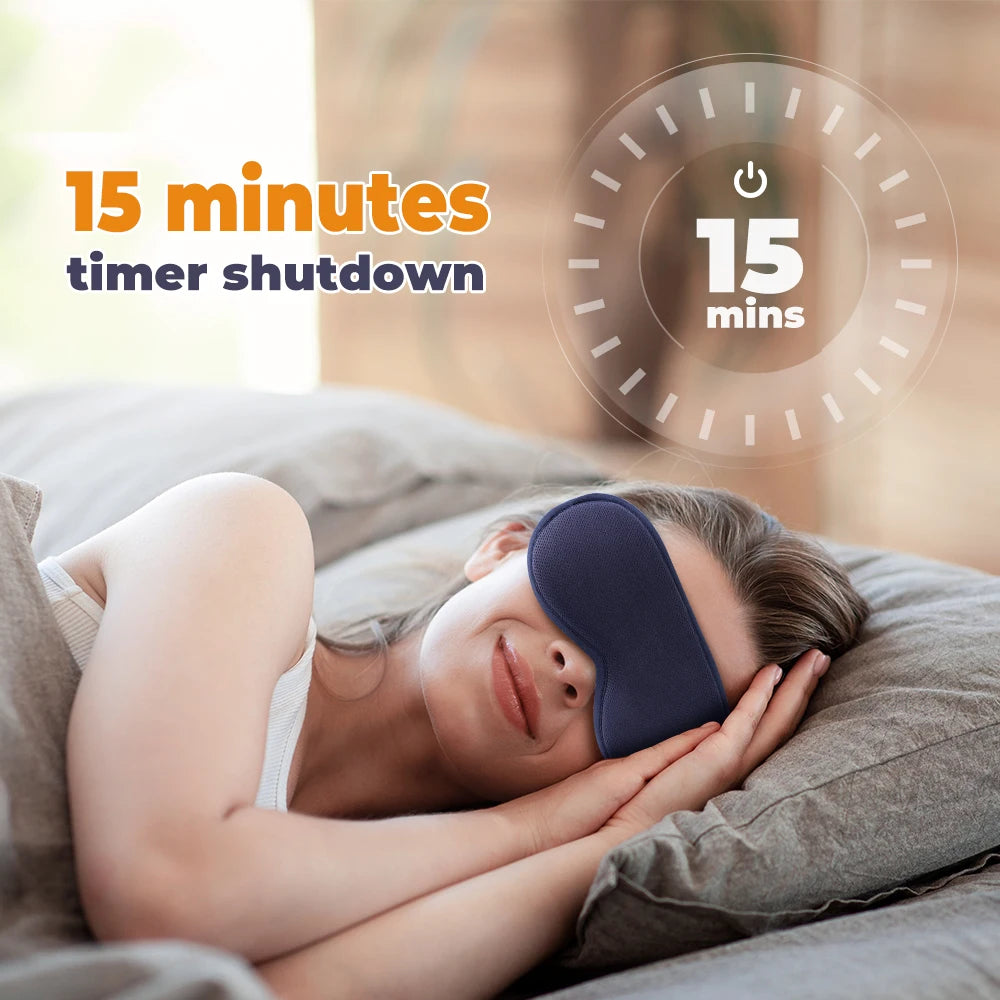 Person wearing a sleep mask with a 15-minute timer shutdown feature displayed.