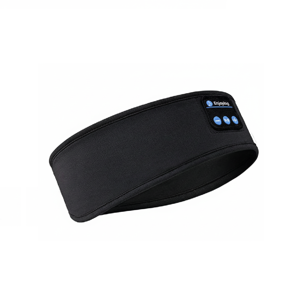 Black headband with Bluetooth control buttons on a white background