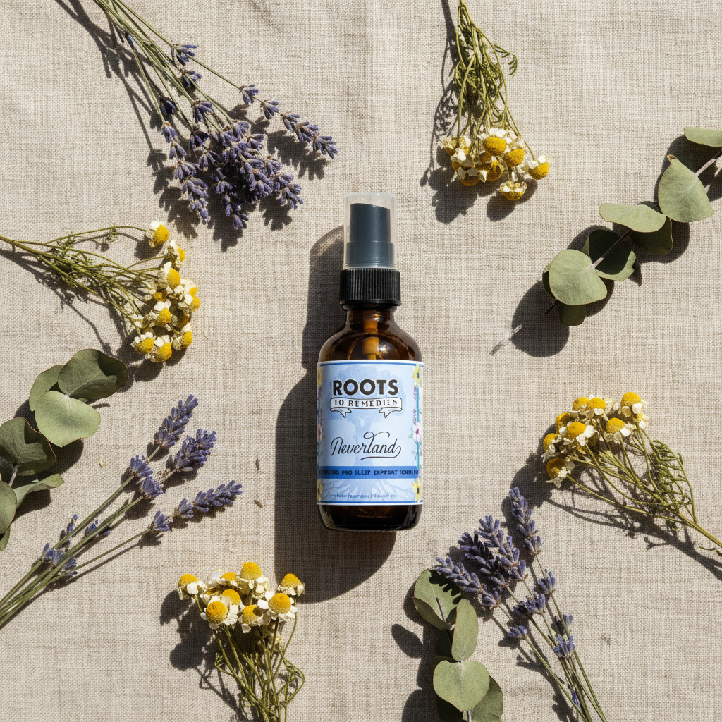 Roots to Remedies Neverland sleep spray flatlay surrounded by lavender, chamomile, and eucalyptus botanicals on linen