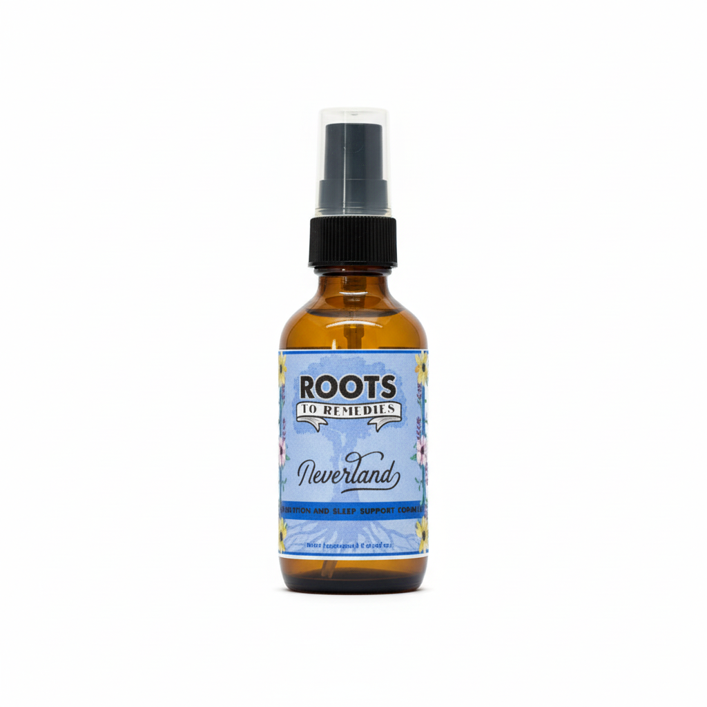 Roots to Remedies Neverland herbal magnesium sleep support spray in amber glass bottle with pump, white background