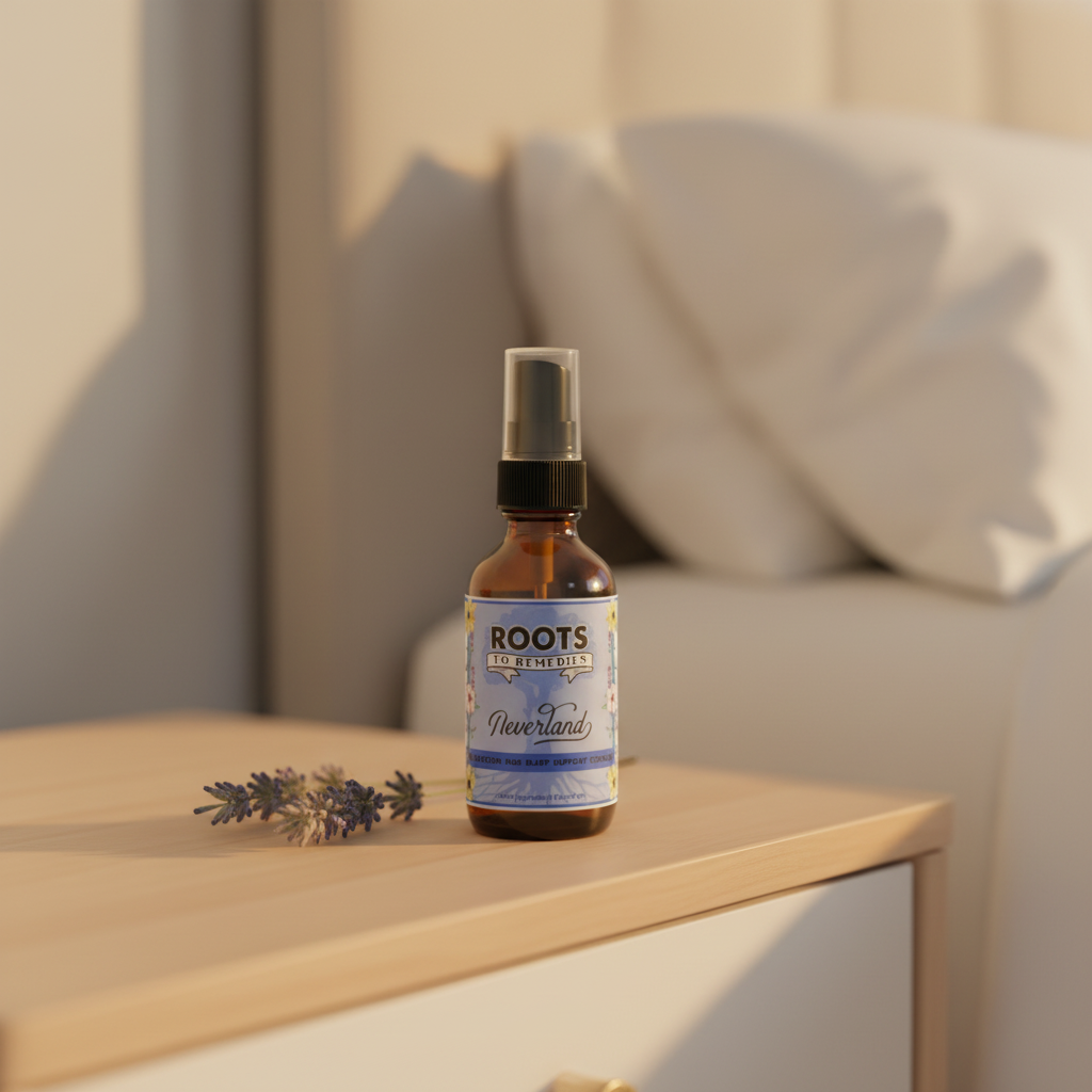 Roots to Remedies Neverland sleep spray on bedside table with lavender sprig, warm bedroom ambiance at night