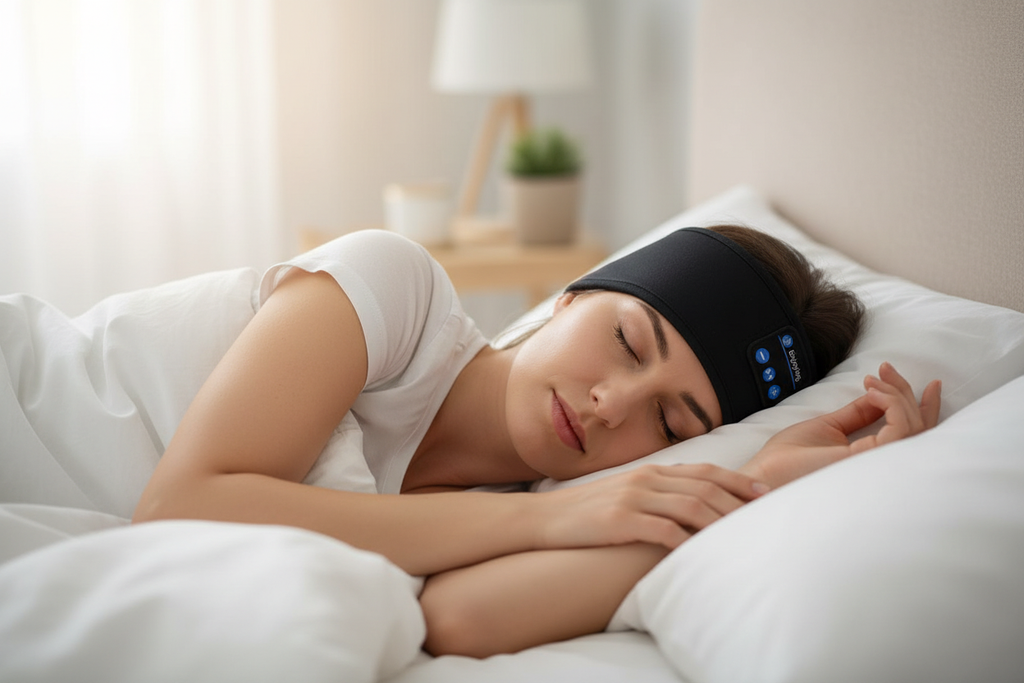 Woman sleeping peacefully wearing Bluetooth sleep mask for deep restorative rest