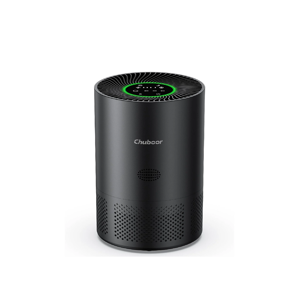 Black cylindrical H13 HEPA air purifier with green LED display for bedroom sleep wellness