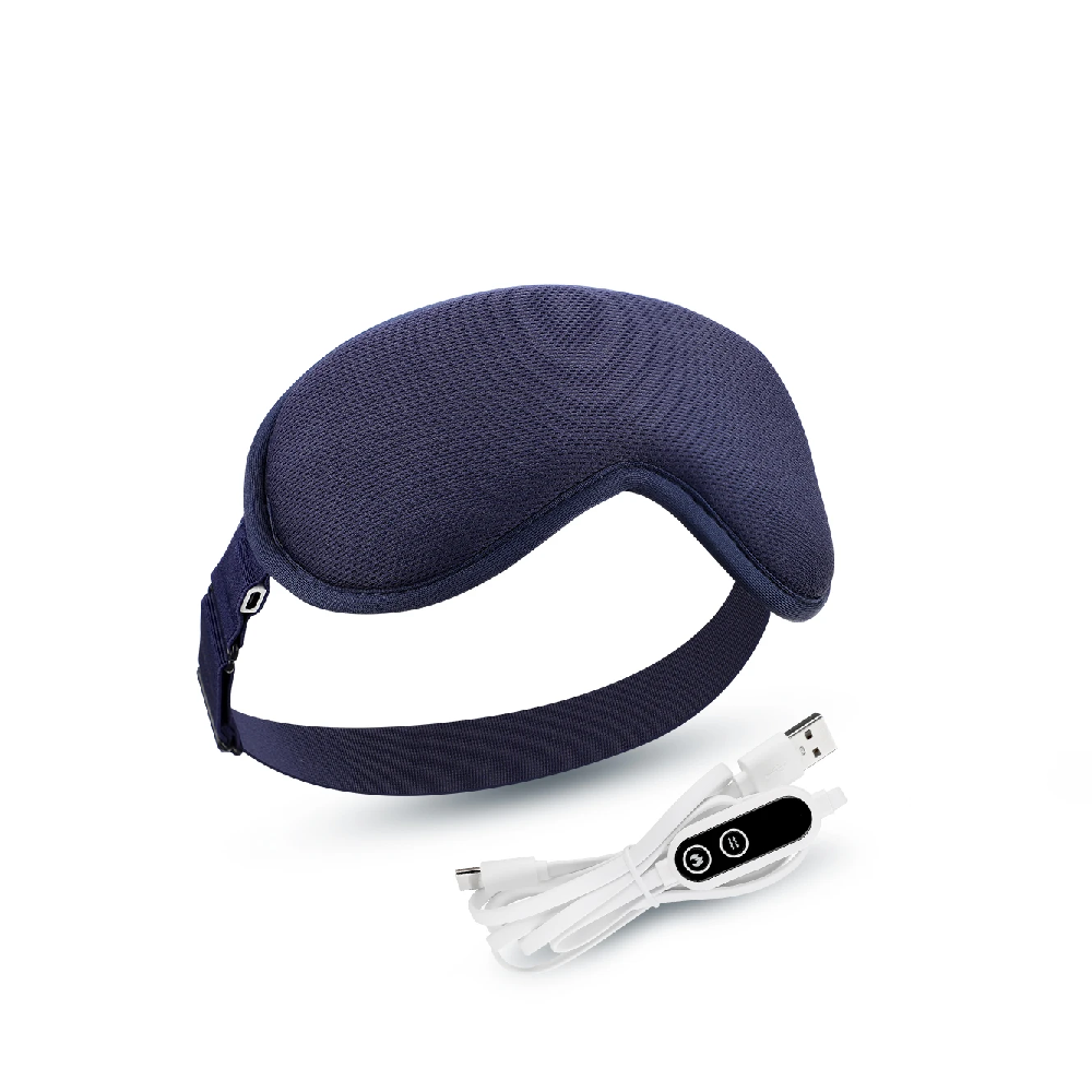 Navy sleep mask with white charging cable on a white background