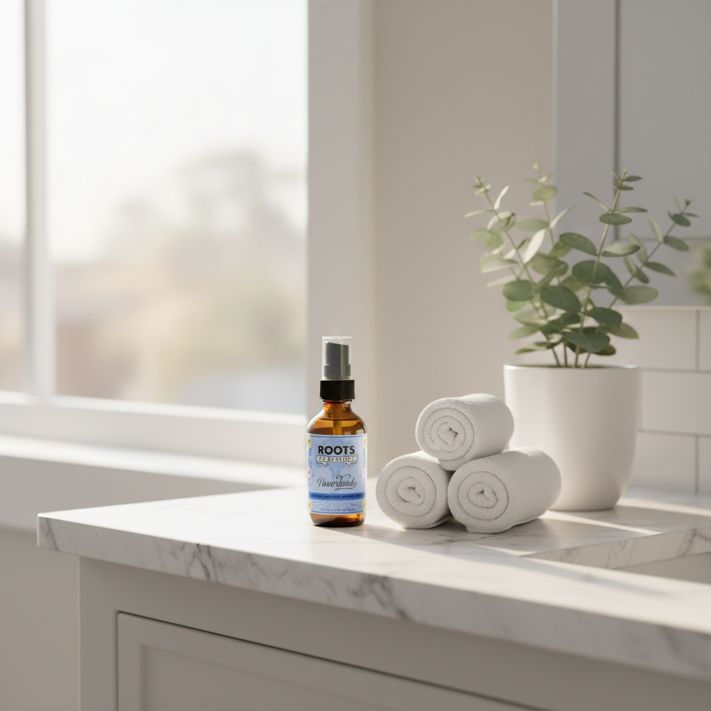 Roots to Remedies Neverland sleep spray on marble countertop with rolled towels and eucalyptus plant, spa-inspired bedtime setting
